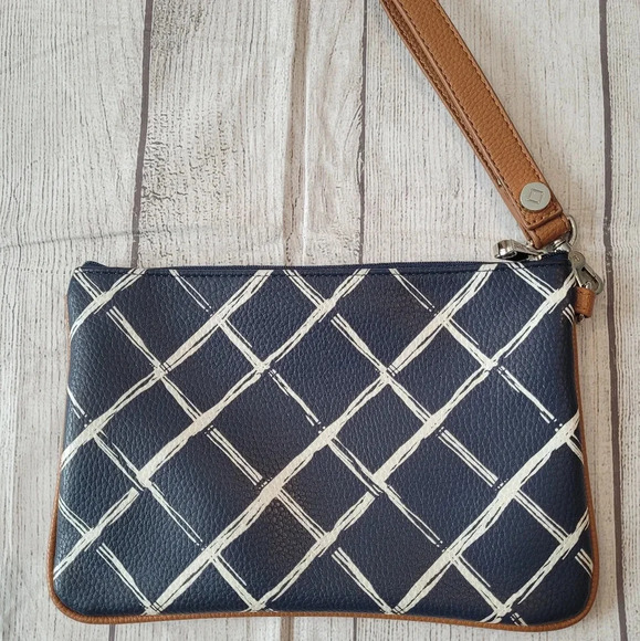 Thirty One *retired print* Navy Blue Dash Of Plaid Pebble Rubie Zip Pouch &Strap - Picture 1 of 8